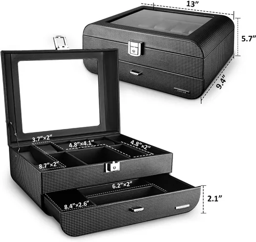 Miniatura 4 de Homde Caja de reloj con diseño de arco de fibra de carbono, organizador de joyas de lujo con cajón, parte superior de cristal y cerradura