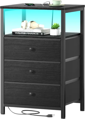 Miniatura 10 de BOLUO Cómoda alta con cajones, mesita de noche blanca con estación de carga y luz LED, cómoda pequeña de 4 cajones en blanco para dormitorio