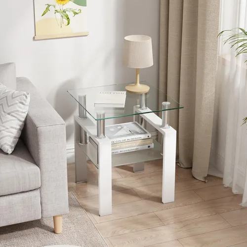 Mesa auxiliar pequeña de cristal, mesa auxiliar blanca de 2 niveles con patas de metal, mesa auxiliar cuadrada, elegante y resistente para espacios