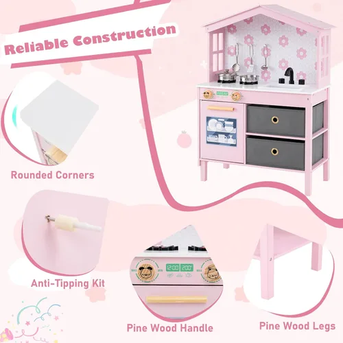 Miniatura 5 de Costzon Cocina de Juguete para Niños, Juguete de Cocina Montessori Little Chef con 2 Estufas, Perillas Giratorias, Grifo, Fregadero, Lavavajillas, 2