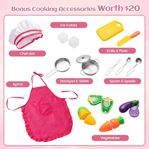 Miniatura 6 de INFANS Juego de cocina de madera para niños, juego de cocina de simulación para niños pequeños con luz y sonido realistas, estufa, fregadero