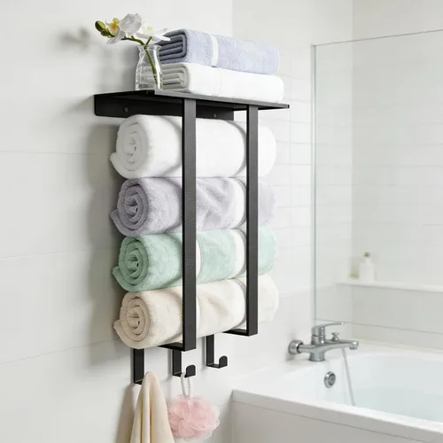 Miniatura 2 de Toalleros para baño, toallero con estante y 3 ganchos, soportes de almacenamiento de toallas de pared para toallas de baño enrolladas, color negro