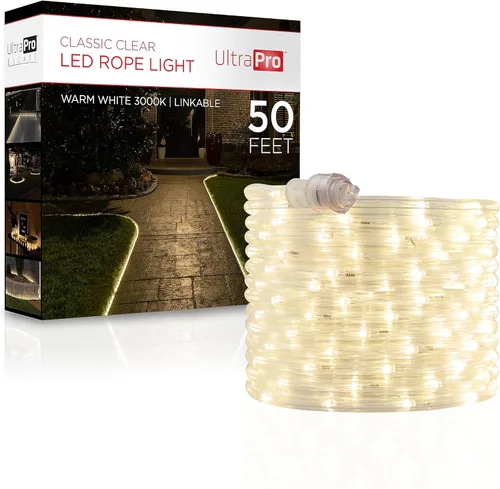 Luces de cuerda LED UltraPro, cuerda clara clásica de 50 pies, luz blanca cálida 3000K, para interior/exterior, flexible, enlazable, duradera, luces
