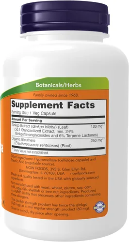 Miniatura 2 de NOW Foods Suplementos, Ginkgo Biloba 120 mg, Doble Fuerza, Verificado por el Proyecto Sin OMG, 50 Cápsulas Veganas