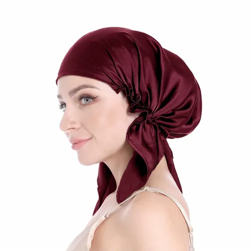 Miniatura 10 de SissiLita Gorro de seda 100% para dormir, gorro de seda grande con banda de amarre para el cuidado del cabello rizado (azul)