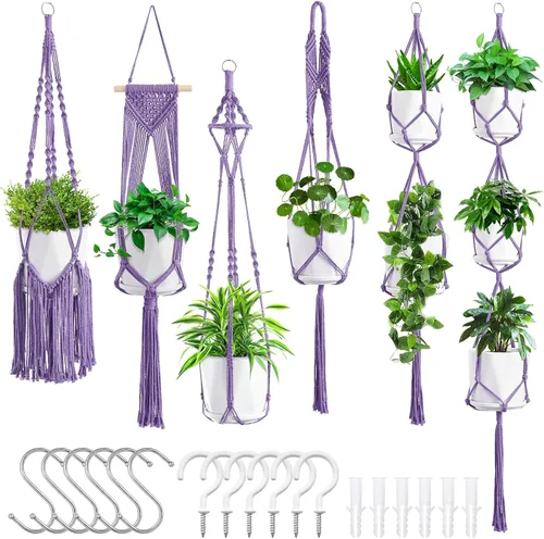 Miniatura 11 de SFENNGPET - Paquete de 6 perchas de macramé para plantas, juego de 6 perchas colgantes para plantas de interior con kit de 6 perchas hechas a mano