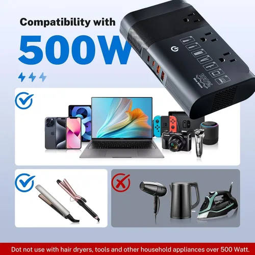 Miniatura 3 de DOACE Convertidor de voltaje de viaje de 500 W, transformador reductor de onda sinusoidal pura de 220 V a 110 V para viajes internacionales, Europa