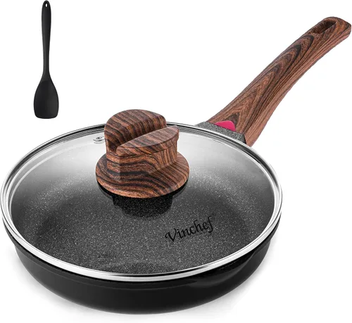 Vinchef Sartenes antiadherentes de 8" con tapa, sartén utilizada para todas las estufas, utensilios de cocina no tóxicos para inducción, sartenes
