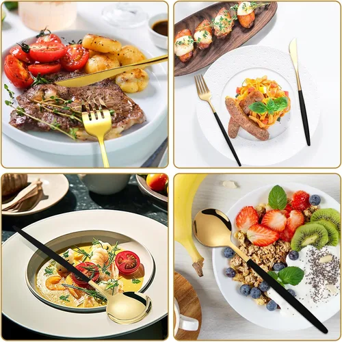 Miniatura 6 de Kawlity Cubiertos de acero inoxidable duraderos negros y dorados pulidos, cucharas, tenedores, 30 piezas, utensilios de mesa, para cocina