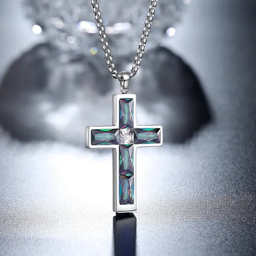 Miniatura 2 de Collar de cruz con piedra de nacimiento para hombre, collar de cruz de acero inoxidable 316L con colgante de cruz de circonia cúbica para mujer