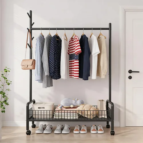 Miniatura 11 de Perchero con estantes de almacenamiento, perchero resistente con ruedas para dormitorio, sala de estar, organización de lavandería