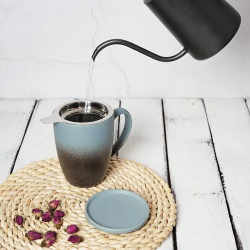 Miniatura 5 de Bosmarlin Taza de té de cerámica mate con infusor y tapa, 13.5 onzas, taza de té suelta, apta para lavavajillas y microondas (azul oscuro)