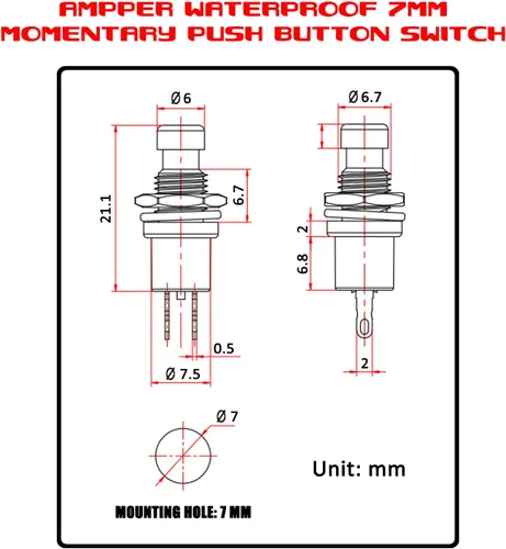 Miniatura 2 de Ampper Mini interruptores momentáneos de botón, 2 pines de encendido y apagado 1A, 250 V, CA, 0.276 in, redondo, SPST, interruptor de botón Negro