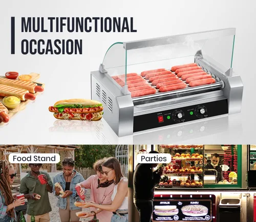 Miniatura 7 de SYBO Rodillo para Perros Calientes - Capacidad de 18, Rodillos de Acero Inoxidable Antiadherentes, Cubierta de Vidrio Desmontable, 1000 Vatios