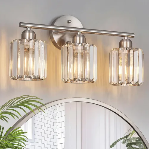 Miniatura 17 de Moderna lámpara de tocador de cristal de 2 luces, lámpara vertical de baño de níquel cepillado sobre espejo para tocador y lavabo, compatible