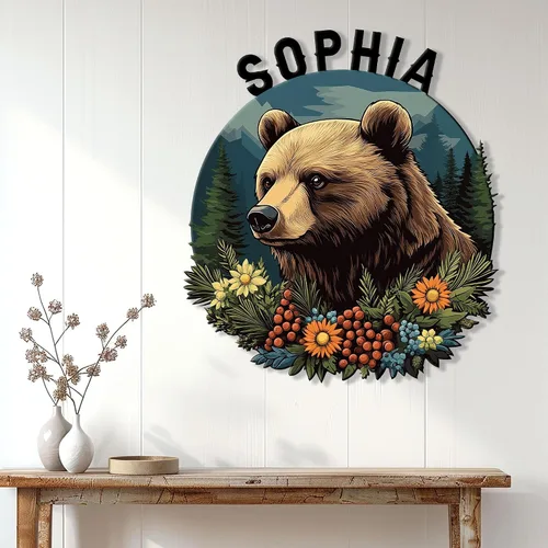 Miniatura 3 de Letrero personalizado de metal con diseño de oso, cartel colgante de oso para porche al aire libre, valla de pared con nombre personalizado, patio
