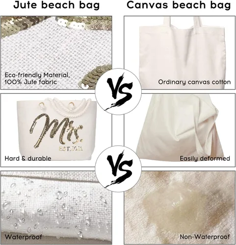 Miniatura 4 de ELEGANTPARK Bolsa de yute con bolsillo interior de lentejuelas doradas, regalo para novia, luna de miel, boda, playa, bolsa de yute con lentejuelas