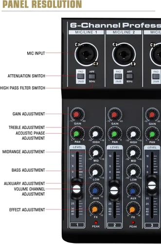 Miniatura 6 de Mezclador de audio profesional de metal de 6 canales con BT, interfaz de audio, consola de mezcla de tablero de sonido, efecto de reverberación DSP