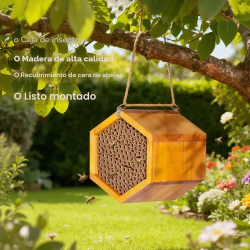 Miniatura 2 de Mason Bee House - Colmena de abejas de madera natural hecha a mano recubierta con cera para una larga vida útil y resistente al agua - Atrae