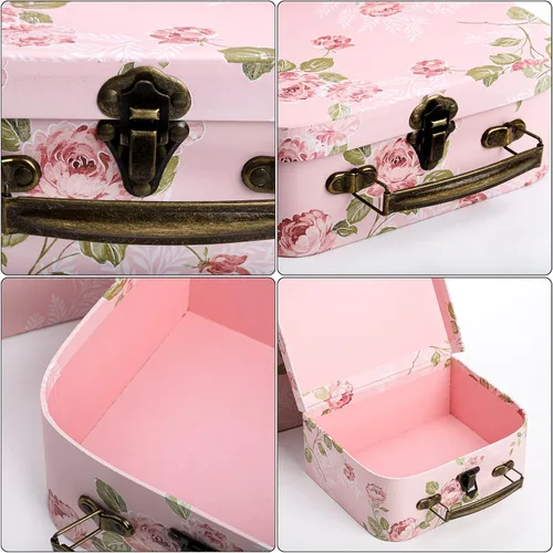 Miniatura 5 de Fasmov Paquete de 3 maletas de cartón, cajas de almacenamiento decorativas, cajas de regalo con tapas para almacenamiento de fotos, decoración