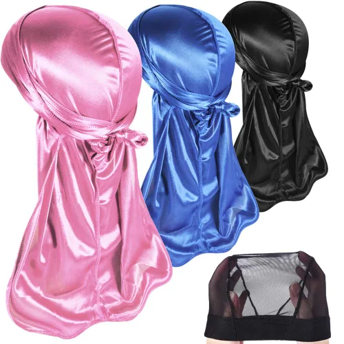 Miniatura 21 de Paquete de 3 piezas de durags sedosas para ondas de hombres, de regalo 1 gorra para marcar las ondas, talla única