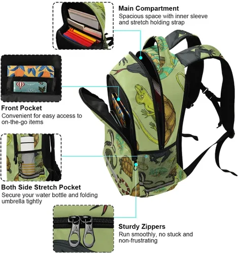 Miniatura 4 de Serpientes Lagarto Camaleón y Tortuga Animal Mochila con rayas reflectantes, mochila escolar para computadora portátil, mochila ligera