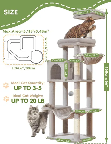Miniatura 6 de Taoqimiao MS042W - Árbol para gatos, torre grande para gatos de 66 pulgadas con postes rascadores, lujosa plataforma grande para gatos grandes