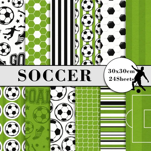 Whaline Papel de 24 hojas de papel con patrón de fútbol, pelota de fútbol, campo de recortes, papel de doble cara para manualidades, papel