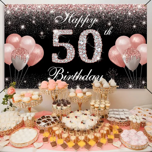 Miniatura 3 de Fondo de pancarta de cumpleaños 50, decoraciones de feliz cumpleaños 50 para mujer, oro rosa, fabuloso cumpleaños de 50 años, letrero de patio