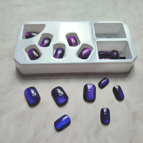 Miniatura 3 de Uñas postizas cortas a presión, color azul oscuro, cuadradas, con purpurina, cobertura completa, uñas artificiales degradadas acrílicas brillantes