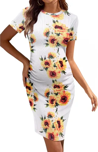Ekouaer Vestido de maternidad para mujer, fruncido, acanalado, entallado, vestido de verano casual, vestido de embarazo S-XXL