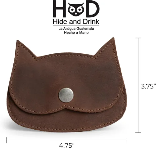 Miniatura 23 de Hide & Drink, Cartera en forma de gato, bolsa para monedas, soporte para dinero, accesorio de viaje, cuero de grano completo, hecho a mano, Negro