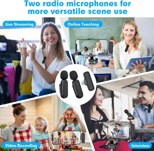 Miniatura 6 de Paquete de 2 micrófonos inalámbricos Lavalier para iPhone y Android, micrófono con clip de reducción de ruido Plug and Play con funda de carga