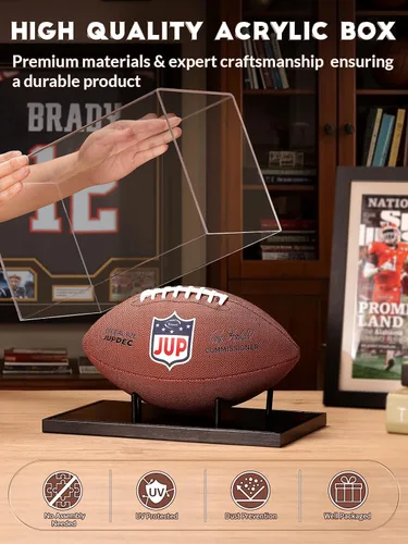 Miniatura 2 de JupDec Vitrina de fútbol americano de tamaño completo, caja transparente de acrílico con soporte de madera, soporte para recuerdos con protección