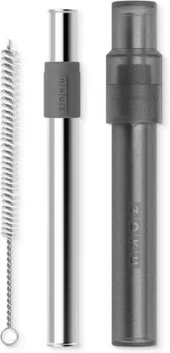 Miniatura 9 de ZOKU Popote de metal reutilizable con estuche para viajes, gris - Popote plegable de acero inoxidable con punta de silicona y cepillo limpiador