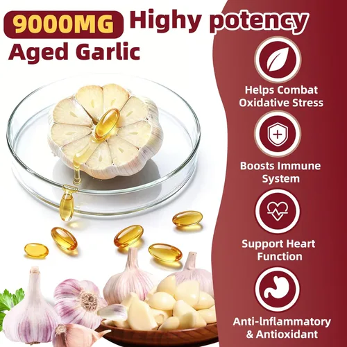 Miniatura 3 de Extracto de ajo añejo: 2 años de suplementos de ajo fermentado 4 en 1 sin olor con saúco, vitamina E y zinc para apoyo cardíaco e inmunológico