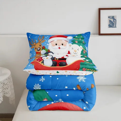 Miniatura 5 de Juego de edredón de Navidad de dibujos animados para niños, tamaño individual, juego de ropa de cama Kawaii de Papá Noel, pingüino, ciervo