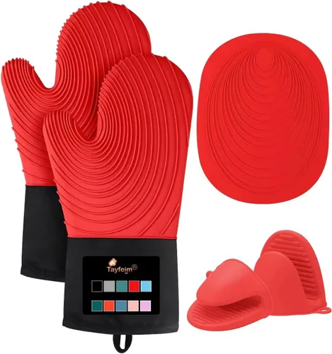 Miniatura 7 de Manoplas de horno y soportes para ollas, 4 juegos, guantes de horno resistentes al calor de 500 ℉ y soporte para ollas, guantes largos para horno