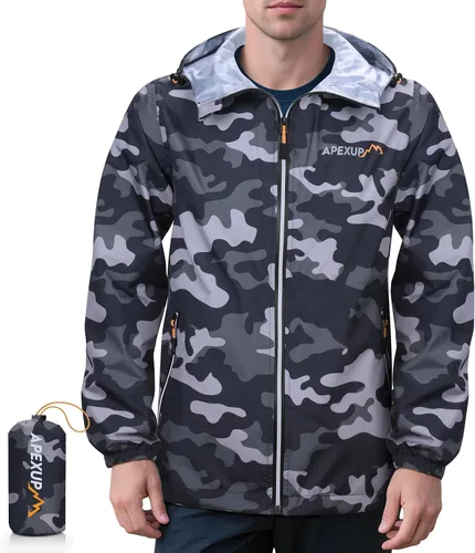 Miniatura 15 de APEXUP Chaqueta de lluvia empacable para hombre con cremallera reflectante, impermeable ligero, chaqueta de lluvia para hombre para deportes al aire