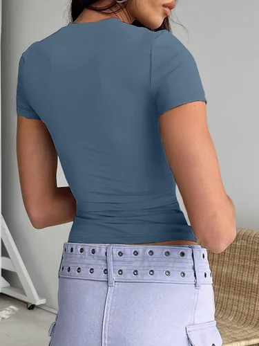 Miniatura 2 de Dwnval Camisetas básicas sexys para mujer, blusas de verano de manga corta con cuello redondo y ajuste entallado