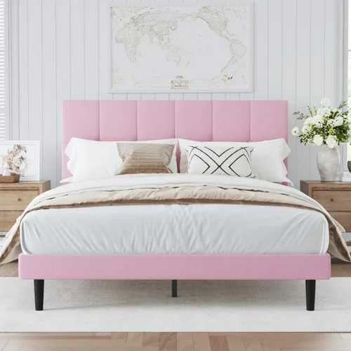 Miniatura 12 de Base de cama de plataforma de terciopelo de tamaño matrimonial con cabecera tapizada y soporte de listones resistentes, diseño con botones,