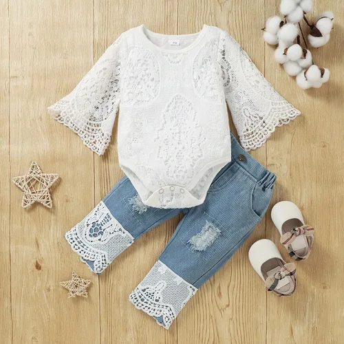 Miniatura 2 de Conjunto de ropa de bebé niña para bebé, mameluco de encaje blanco de manga larga + pantalones de mezclilla