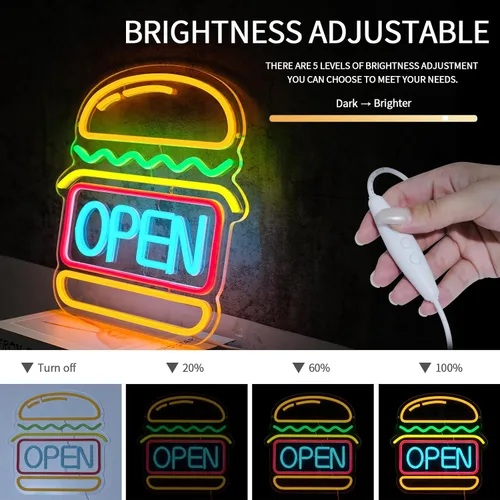 Miniatura 4 de Letrero de neón de hamburguesas abierto para decoración de pared Luces LED de hamburguesa regulables Letreros de neón abiertos para negocio Luz