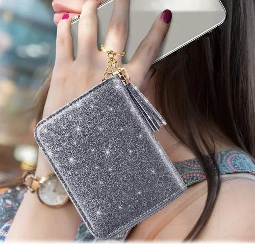 Miniatura 5 de Coco Rossi Billetera pequeña para tarjetas de crédito RFID con purpurina linda para mujer
