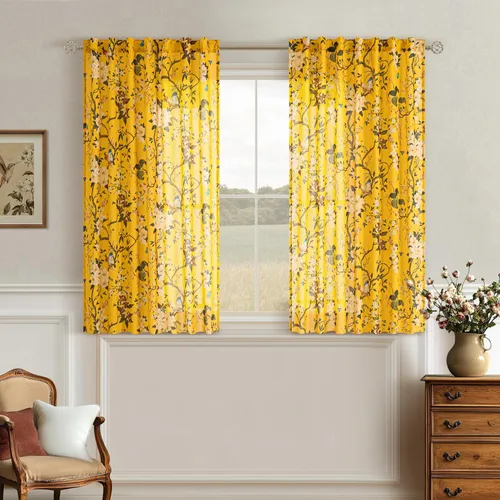 Miniatura 15 de Cortinas de lino florales azules y amarillas, estilo vintage, bohemio, de 63 pulgadas, 2 paneles con pestaña trasera para sala de estar