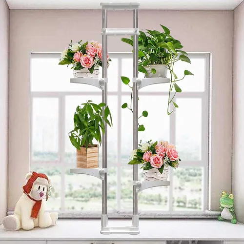 Miniatura 9 de BAOYOUNI Soporte para plantas de interior con ventana, estante de almacenamiento de metal con doble poste, soporte para macetas, estante