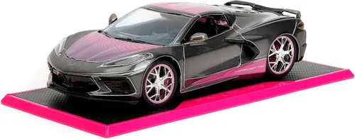 Jada Pink Slips 1:24 W2 2020 Chevy Corvette Stingray - Auto fundido a presión con base, juguetes para niños y adultos (gris metálico/rosa)