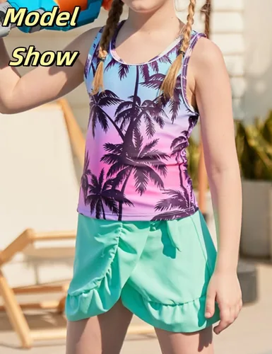 Miniatura 43 de Traje de baño tankini de 3 piezas para niñas, lindo bikini con salida de baño con falda de playa de 5 a 16 años