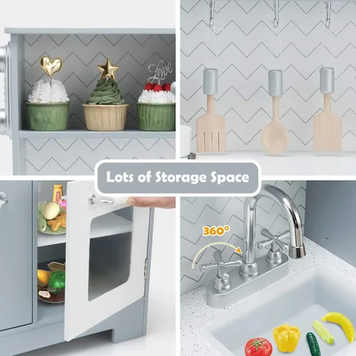 Miniatura 4 de Costzon Juego de Cocina para Niños, Set de Juego de Cocina de Madera de Simulación con Estufa, Refrigerador, Microondas, Fregadero Removible