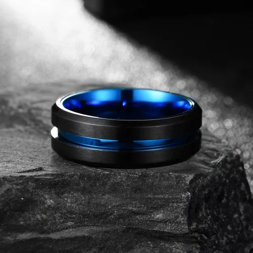 Miniatura 6 de Juego de anillos de boda personalizados en color negro y azul para él y ella, anillos de promesa a juego para parejas, anillos de acero inoxidable